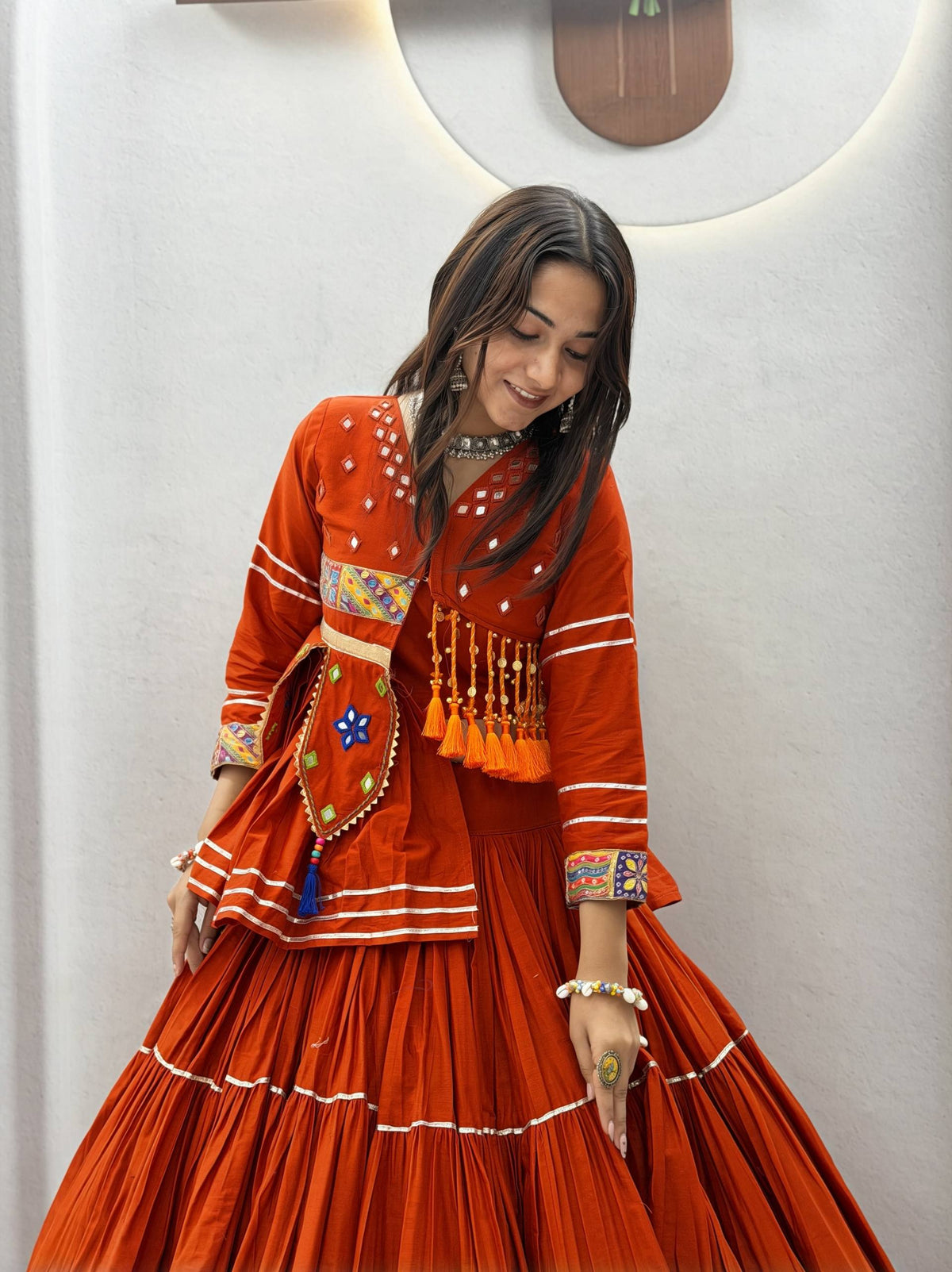 Raahi Navratri Pure Cotton Handwork Lehenga Choli with 9 Meter Flair, Designer Koti, Latkan & Ribbon Lace