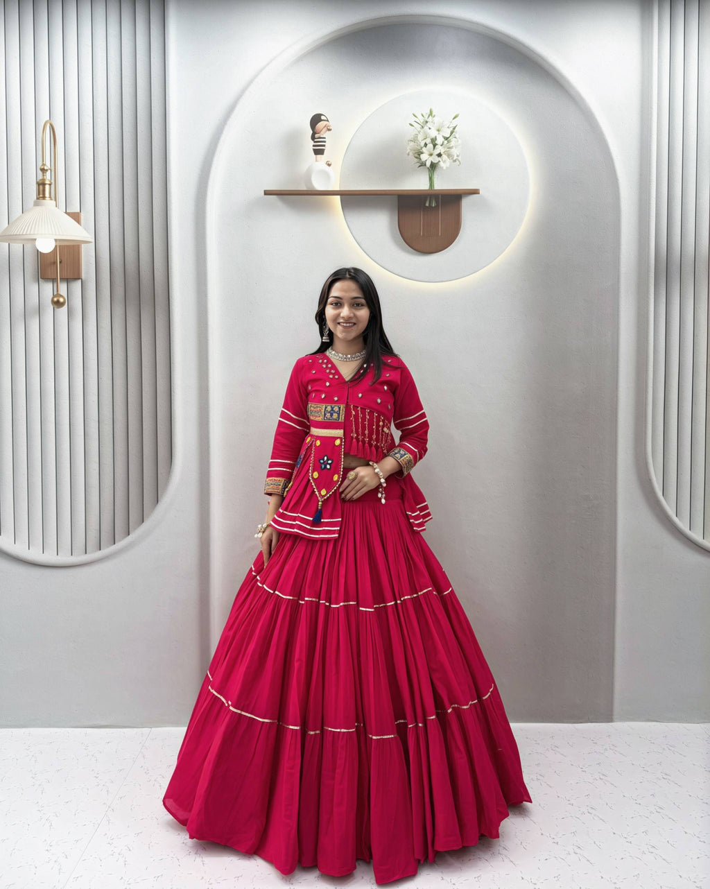 Raahi Navratri Pure Cotton Handwork Lehenga Choli with 9 Meter Flair, Designer Koti, Latkan & Ribbon Lace