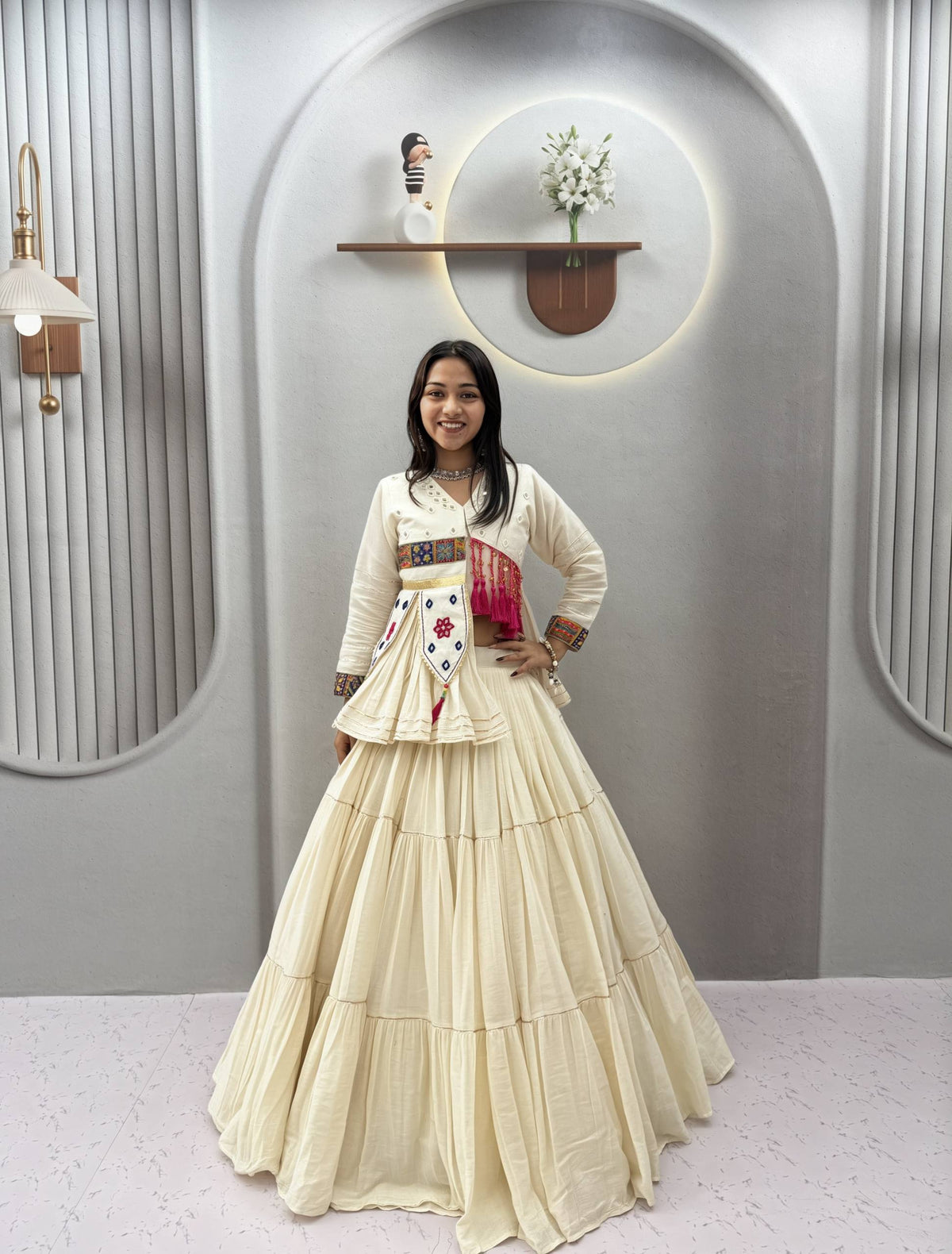 Raahi Navratri Pure Cotton Handwork Lehenga Choli with 9 Meter Flair, Designer Koti, Latkan & Ribbon Lace