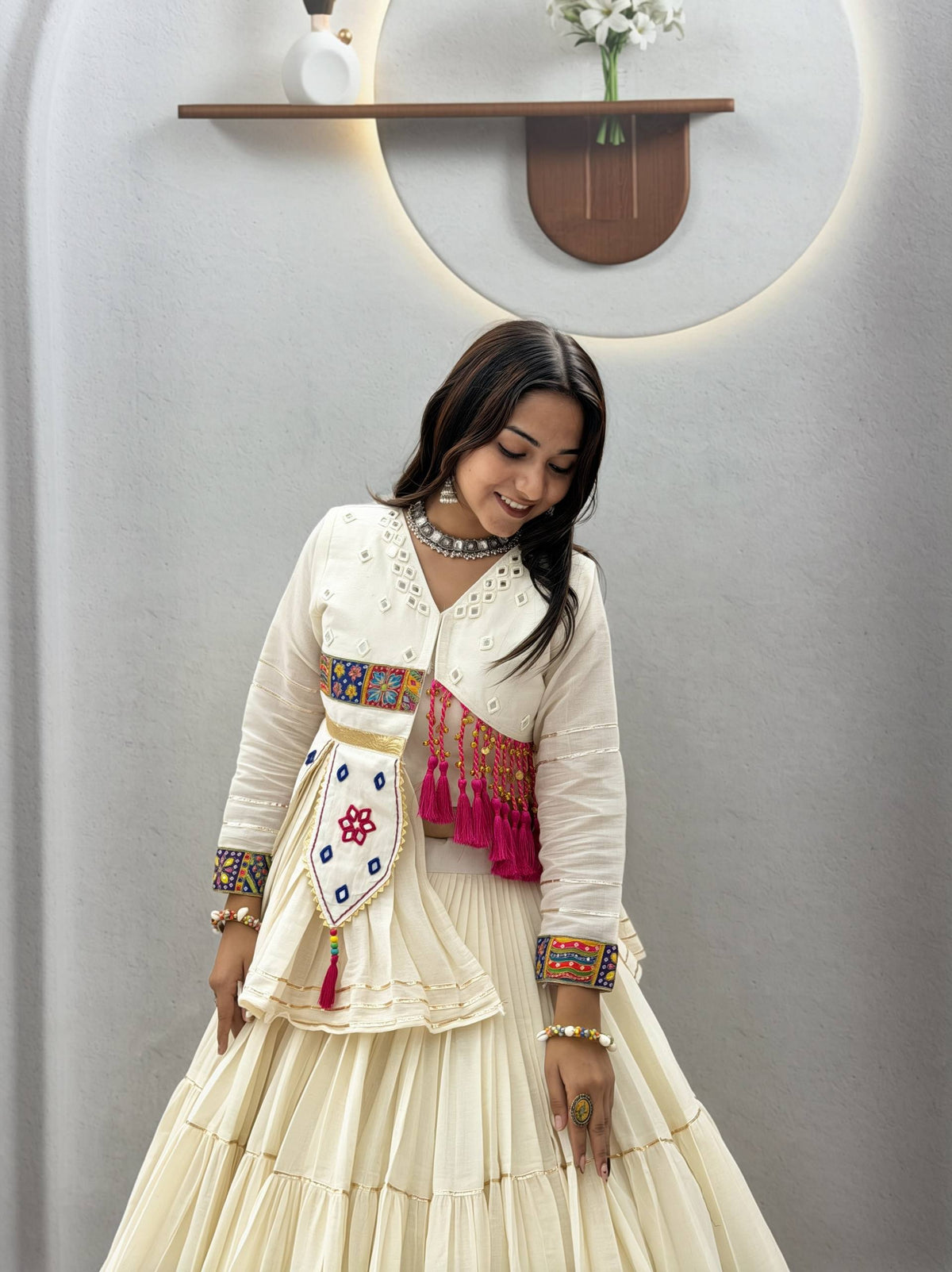 Raahi Navratri Pure Cotton Handwork Lehenga Choli with 9 Meter Flair, Designer Koti, Latkan & Ribbon Lace