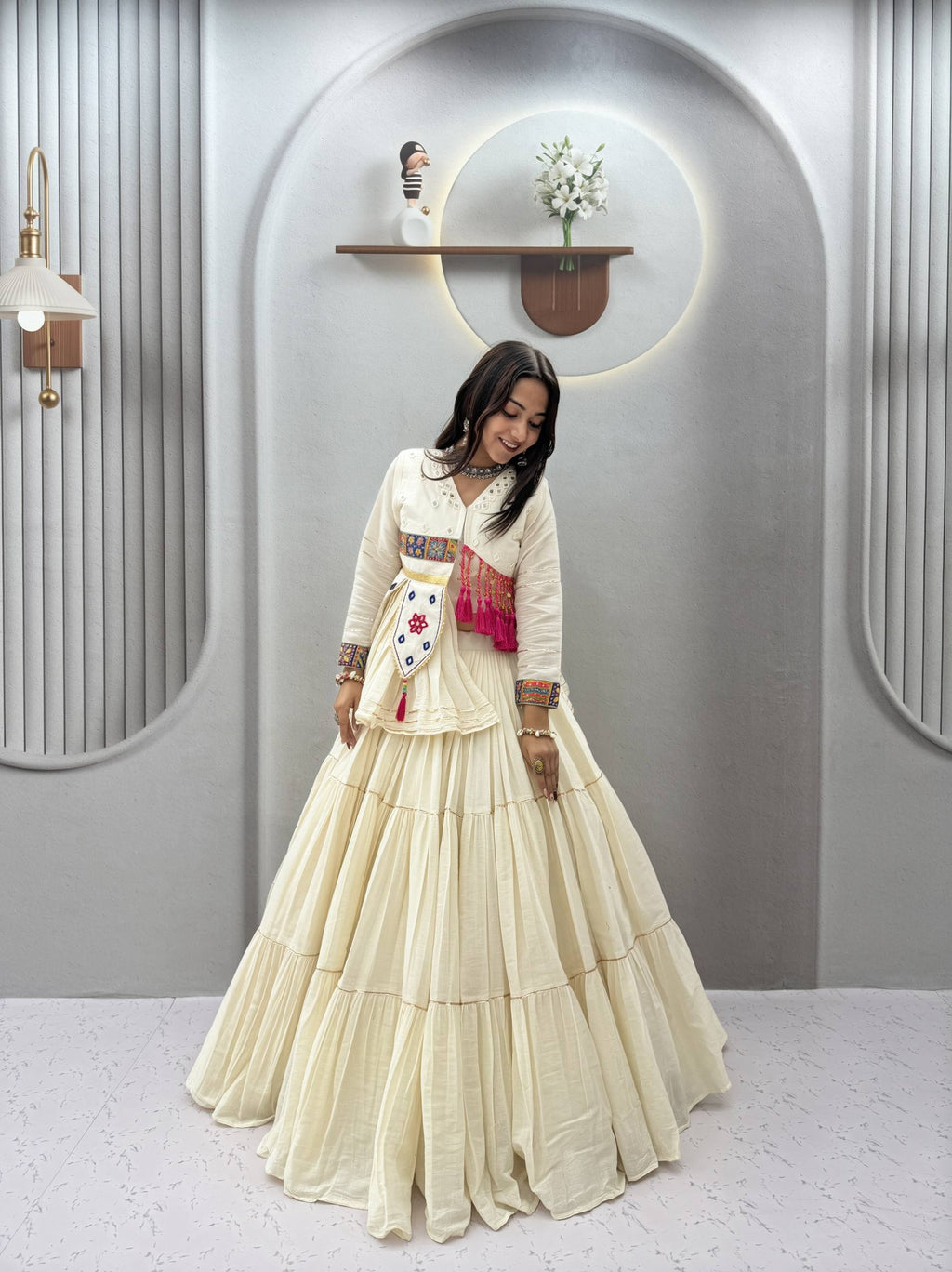Raahi Navratri Pure Cotton Handwork Lehenga Choli with 9 Meter Flair, Designer Koti, Latkan & Ribbon Lace