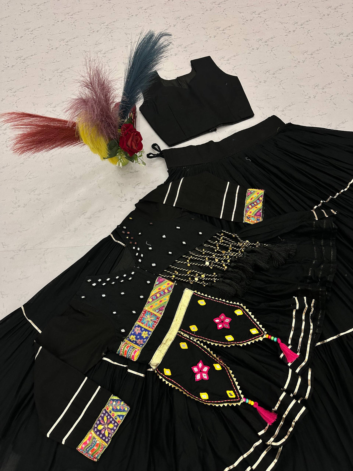 Raahi Navratri Pure Cotton Handwork Lehenga Choli with 9 Meter Flair, Designer Koti, Latkan & Ribbon Lace