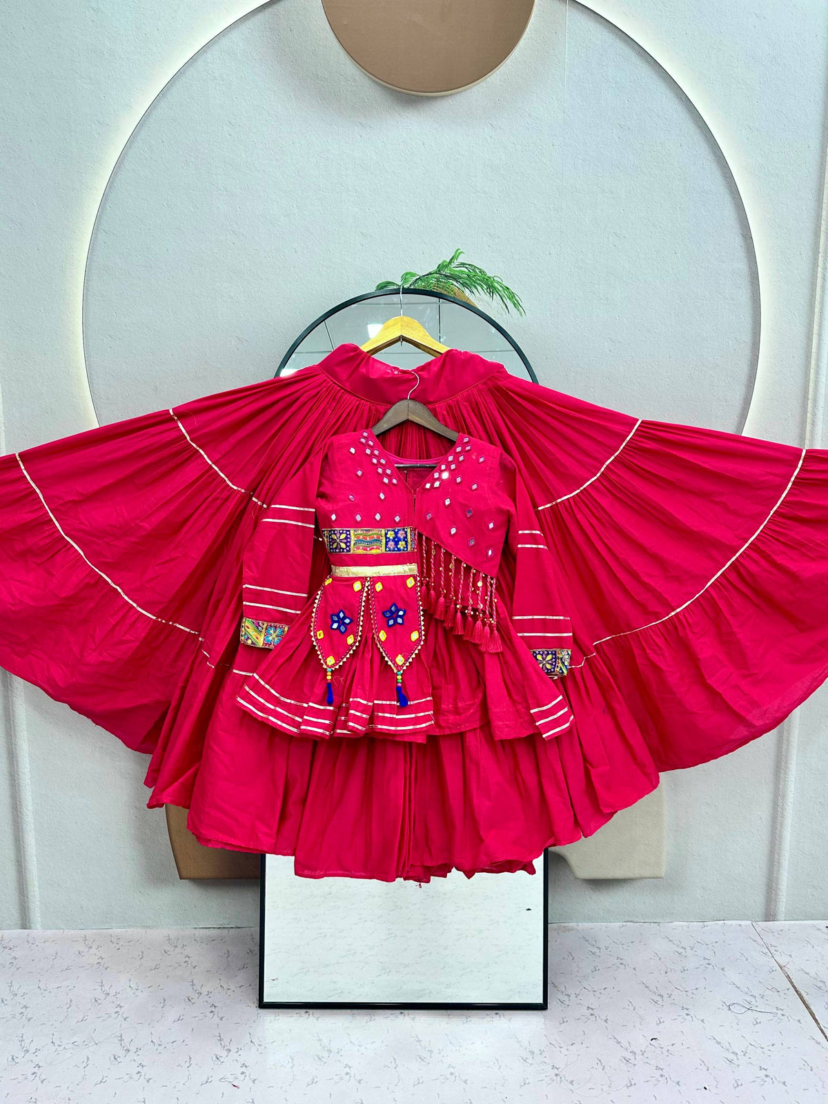 Raahi Navratri Pure Cotton Handwork Lehenga Choli with 9 Meter Flair, Designer Koti, Latkan & Ribbon Lace