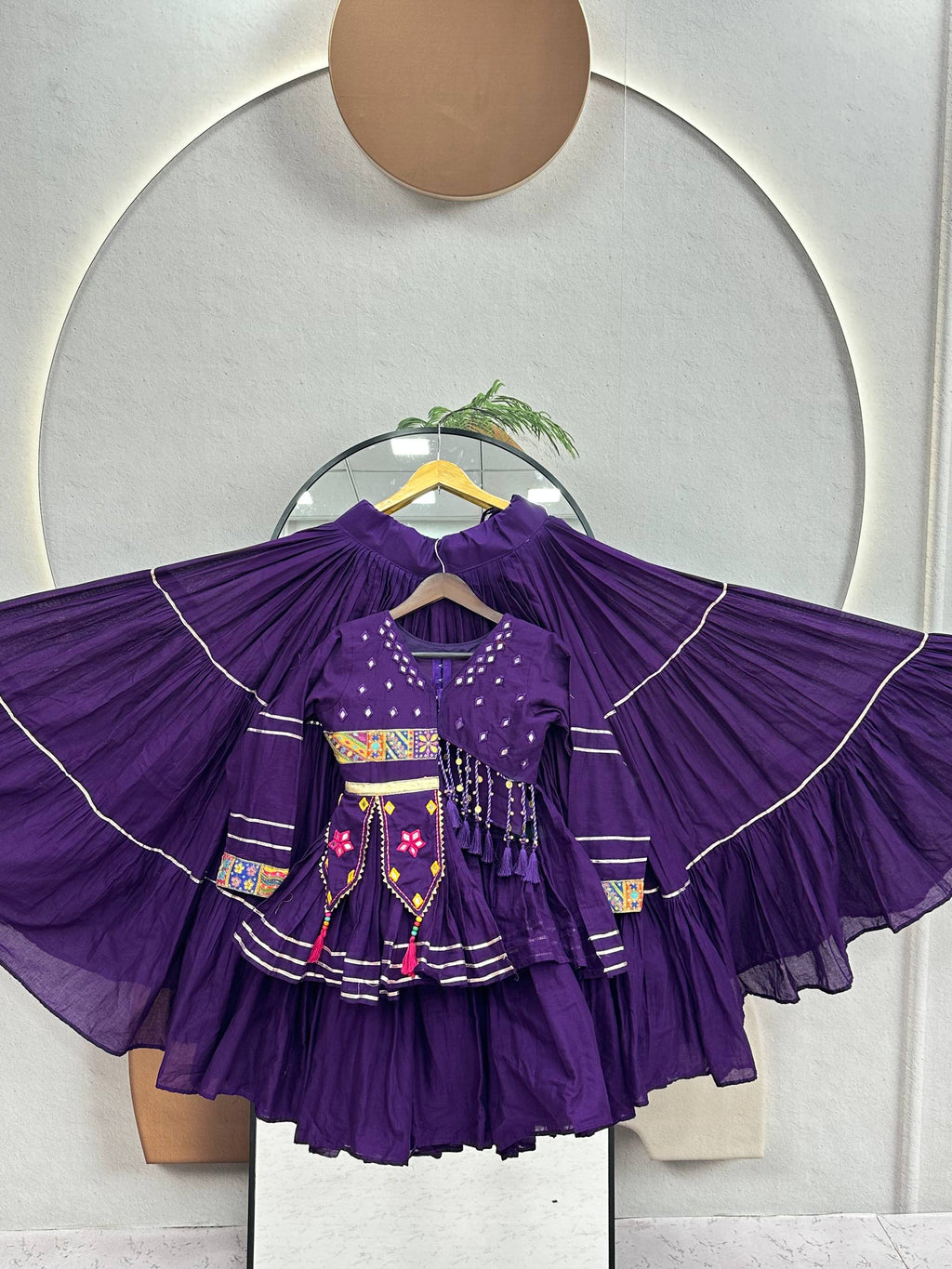 Raahi Navratri Pure Cotton Handwork Lehenga Choli with 9 Meter Flair, Designer Koti, Latkan & Ribbon Lace