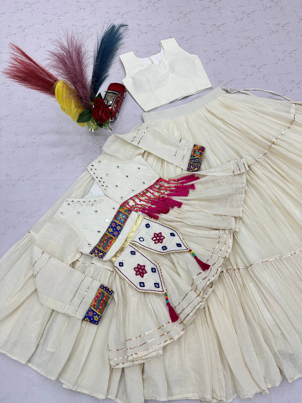 Raahi Navratri Pure Cotton Handwork Lehenga Choli with 9 Meter Flair, Designer Koti, Latkan & Ribbon Lace