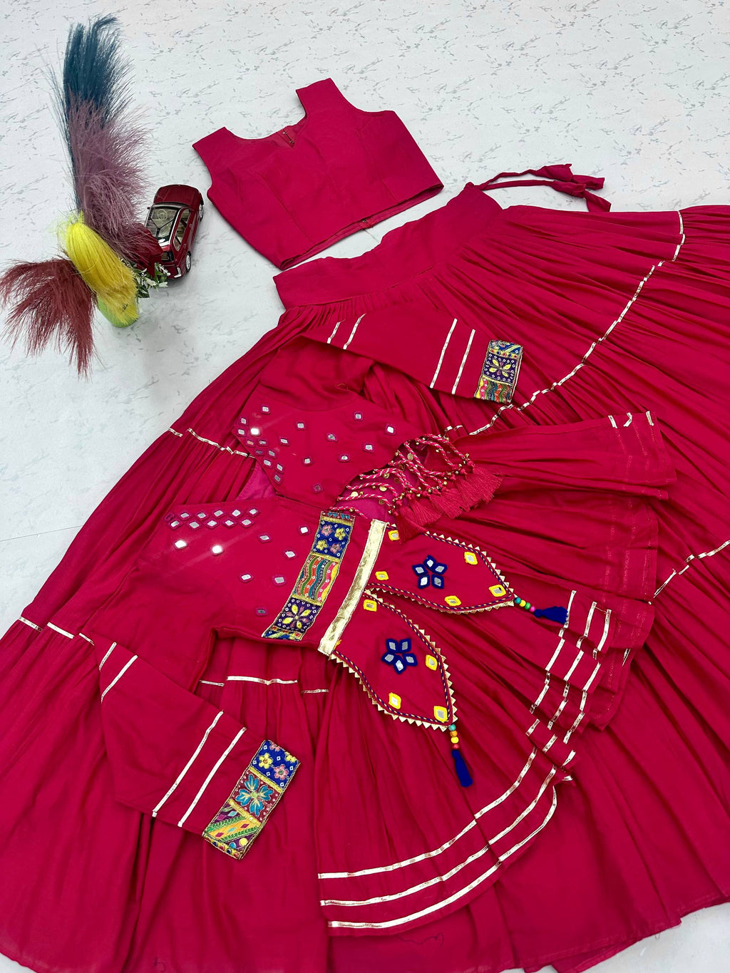 Raahi Navratri Pure Cotton Handwork Lehenga Choli with 9 Meter Flair, Designer Koti, Latkan & Ribbon Lace