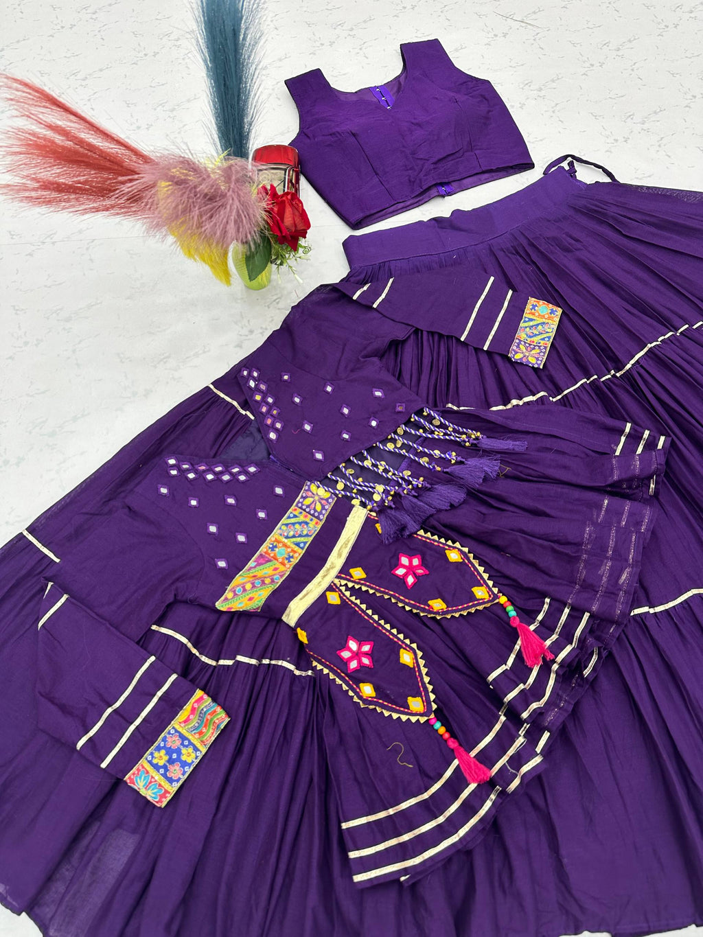 Raahi Navratri Pure Cotton Handwork Lehenga Choli with 9 Meter Flair, Designer Koti, Latkan & Ribbon Lace