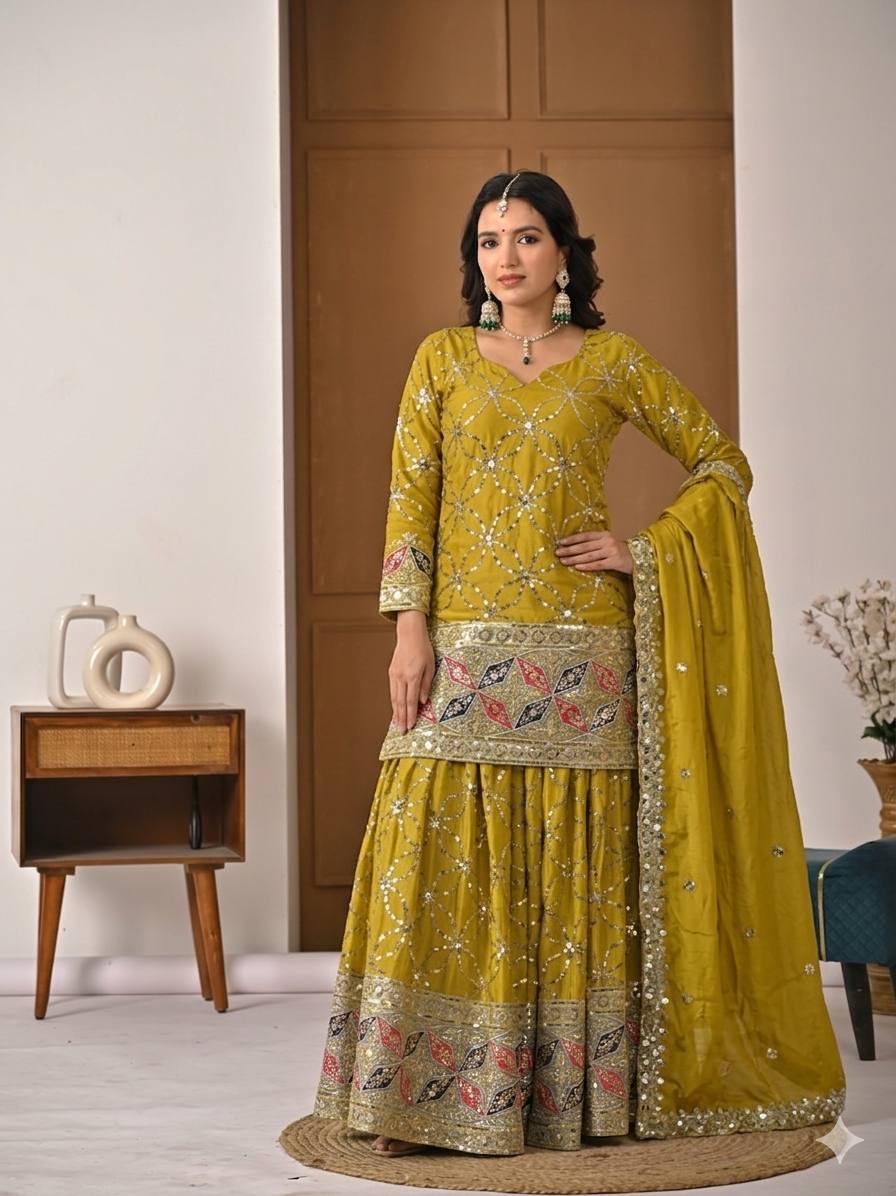 Aarna Zivah Heavy Chinon Silk 5MM Sequence Embroidered Sharara Suit Set with Dupatta