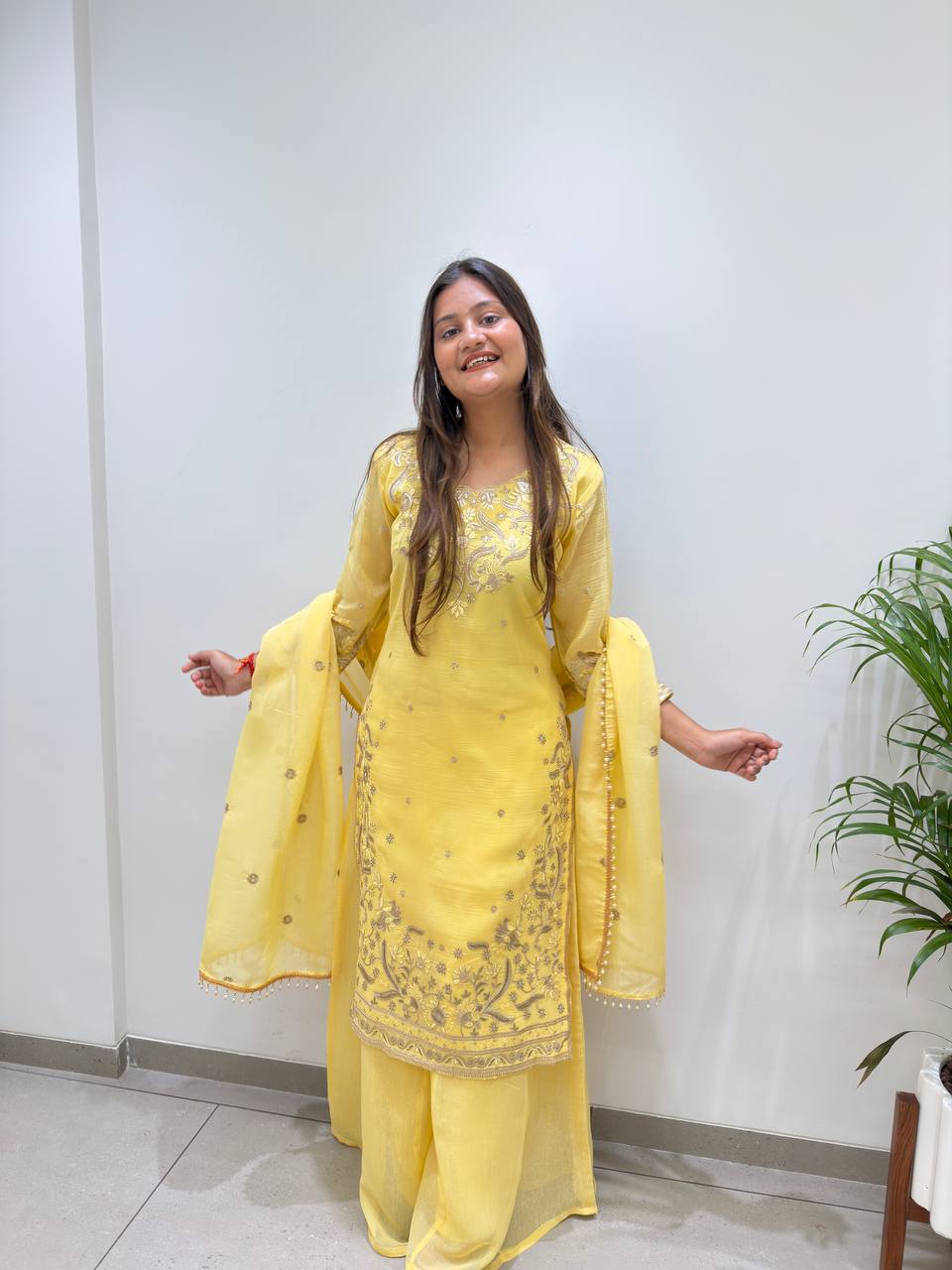 Meherika Crunchy Fabric Sequin Embroidered Top Palazzo Set with Matching Dupatta