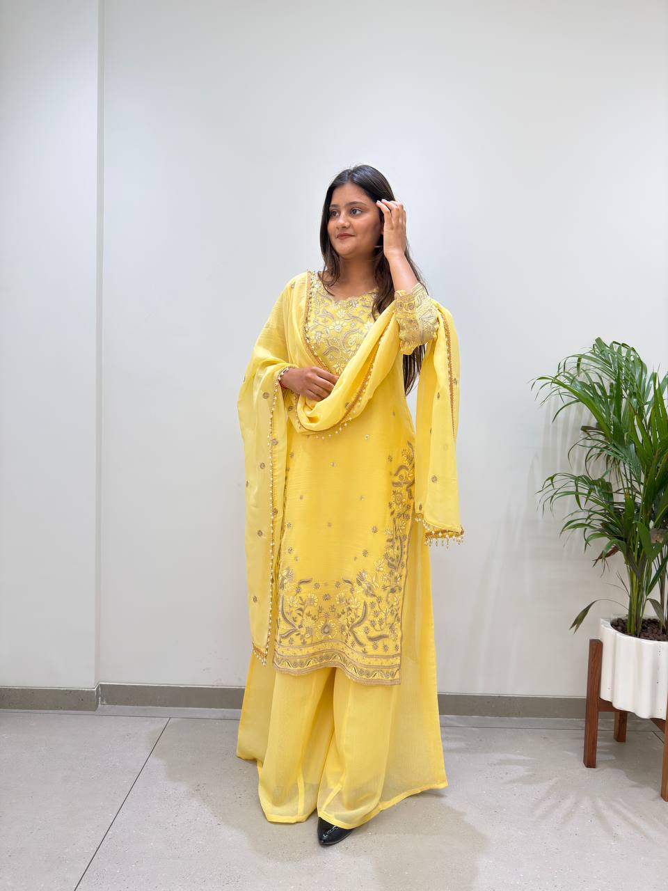 Meherika Crunchy Fabric Sequin Embroidered Top Palazzo Set with Matching Dupatta