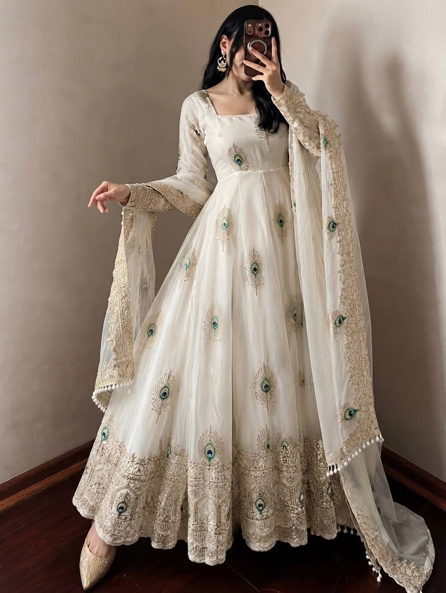 Virellia Designer Fendy Silk Heavy Sequin Embroidered Gown with Matching Dupatta