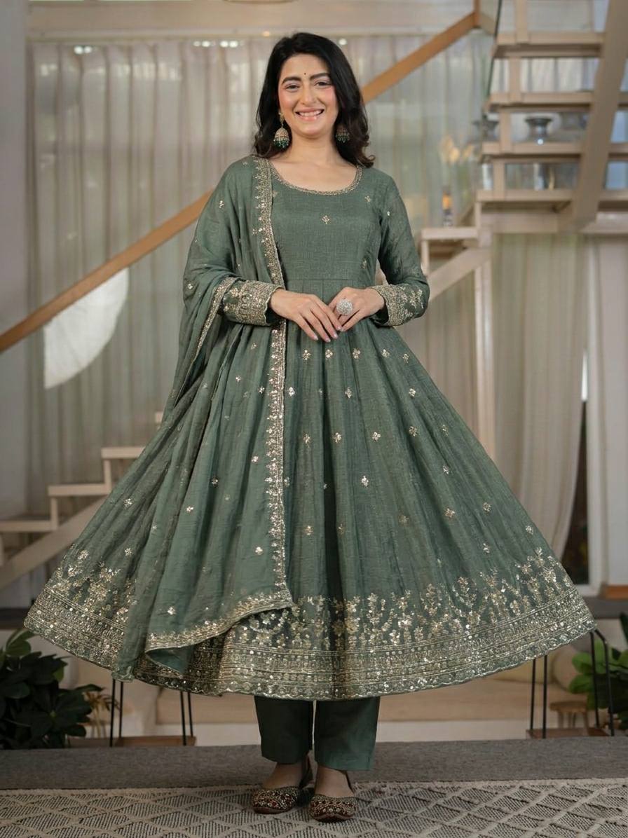 Nyraja Crunchy Silk 5mm Sequins Embroidered Anarkali Suit with Pant & Dupatta