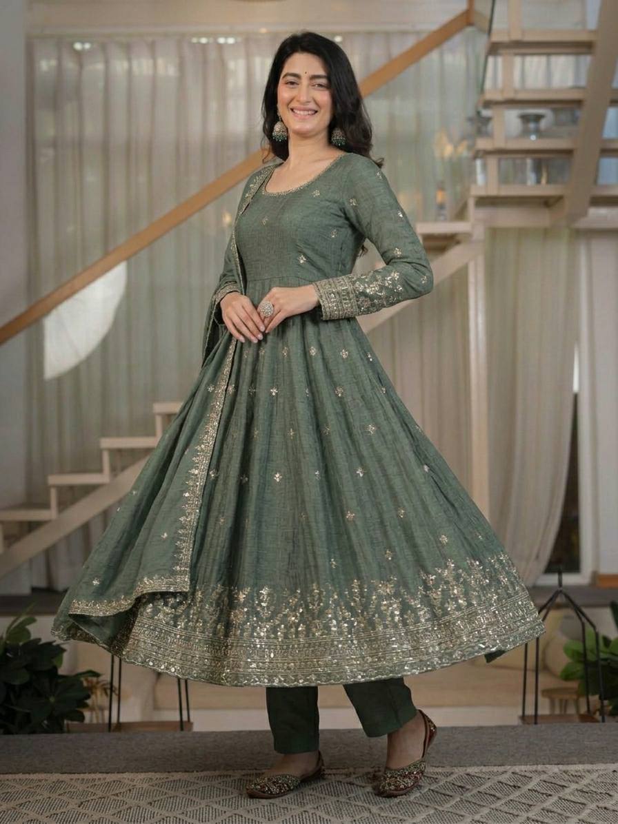 Nyraja Crunchy Silk 5mm Sequins Embroidered Anarkali Suit with Pant & Dupatta