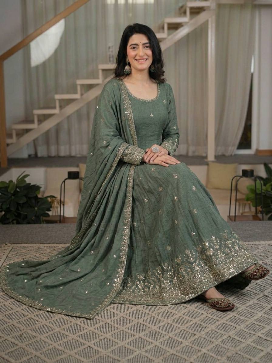 Nyraja Crunchy Silk 5mm Sequins Embroidered Anarkali Suit with Pant & Dupatta