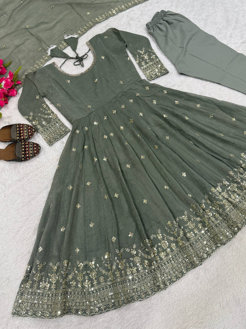 Nyraja Crunchy Silk 5mm Sequins Embroidered Anarkali Suit with Pant & Dupatta
