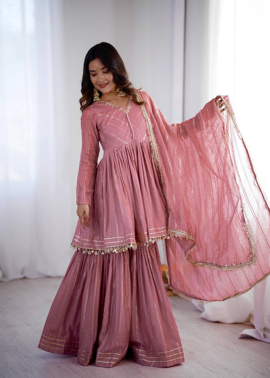 Aarohi Mal Chanderi Mirror Handwork Kurti with Sharara Palazzo & Dupatta Set