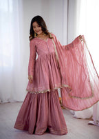 Aarohi Mal Chanderi Mirror Handwork Kurti with Sharara Palazzo & Dupatta Set