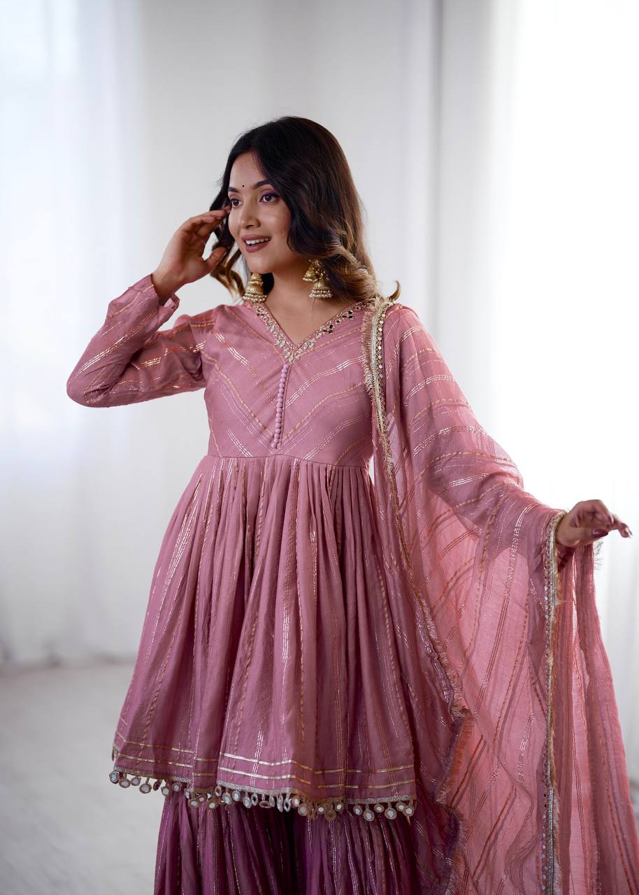 Aarohi Mal Chanderi Mirror Handwork Kurti with Sharara Palazzo & Dupatta Set