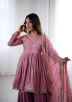 Aarohi Mal Chanderi Mirror Handwork Kurti with Sharara Palazzo & Dupatta Set