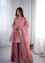Aarohi Mal Chanderi Mirror Handwork Kurti with Sharara Palazzo & Dupatta Set