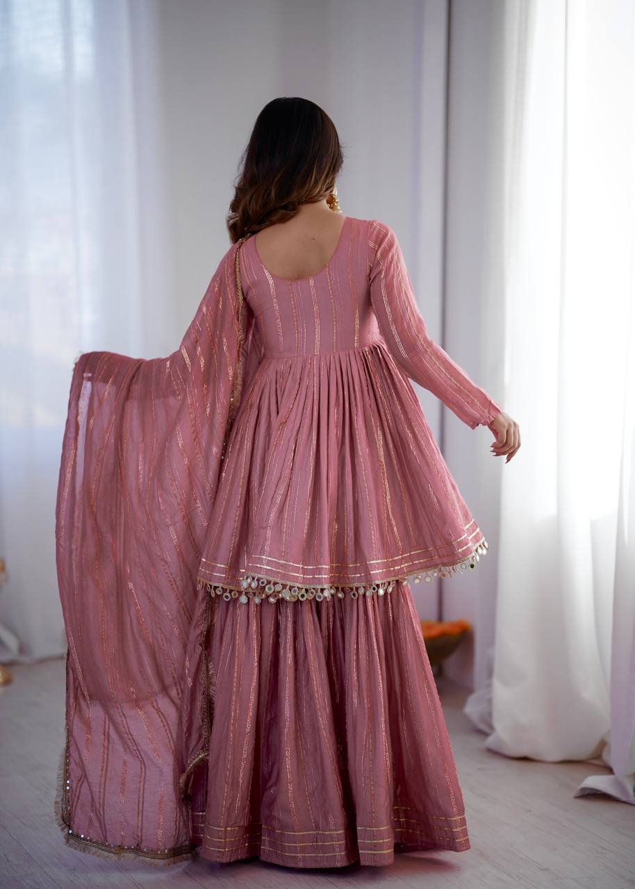 Aarohi Mal Chanderi Mirror Handwork Kurti with Sharara Palazzo & Dupatta Set