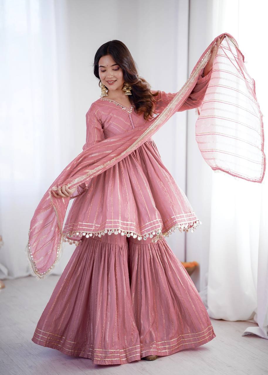 Aarohi Mal Chanderi Mirror Handwork Kurti with Sharara Palazzo & Dupatta Set