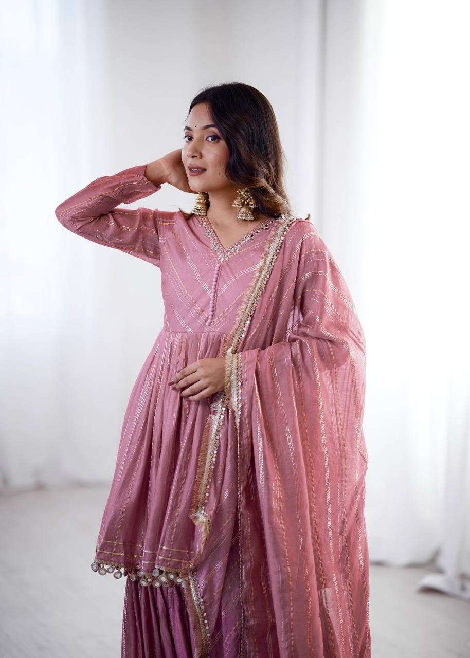 Aarohi Mal Chanderi Mirror Handwork Kurti with Sharara Palazzo & Dupatta Set