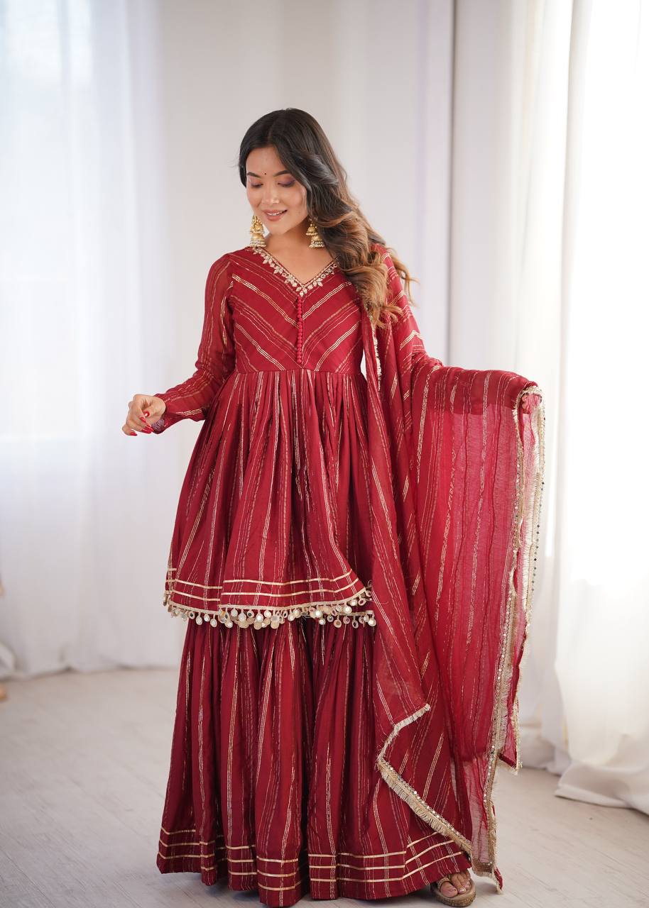 Aarohi Mal Chanderi Mirror Handwork Kurti with Sharara Palazzo & Dupatta Set