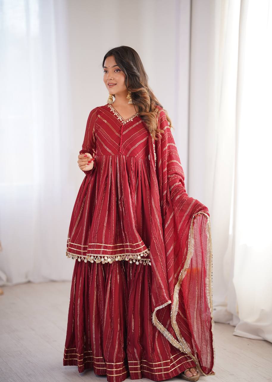 Aarohi Mal Chanderi Mirror Handwork Kurti with Sharara Palazzo & Dupatta Set
