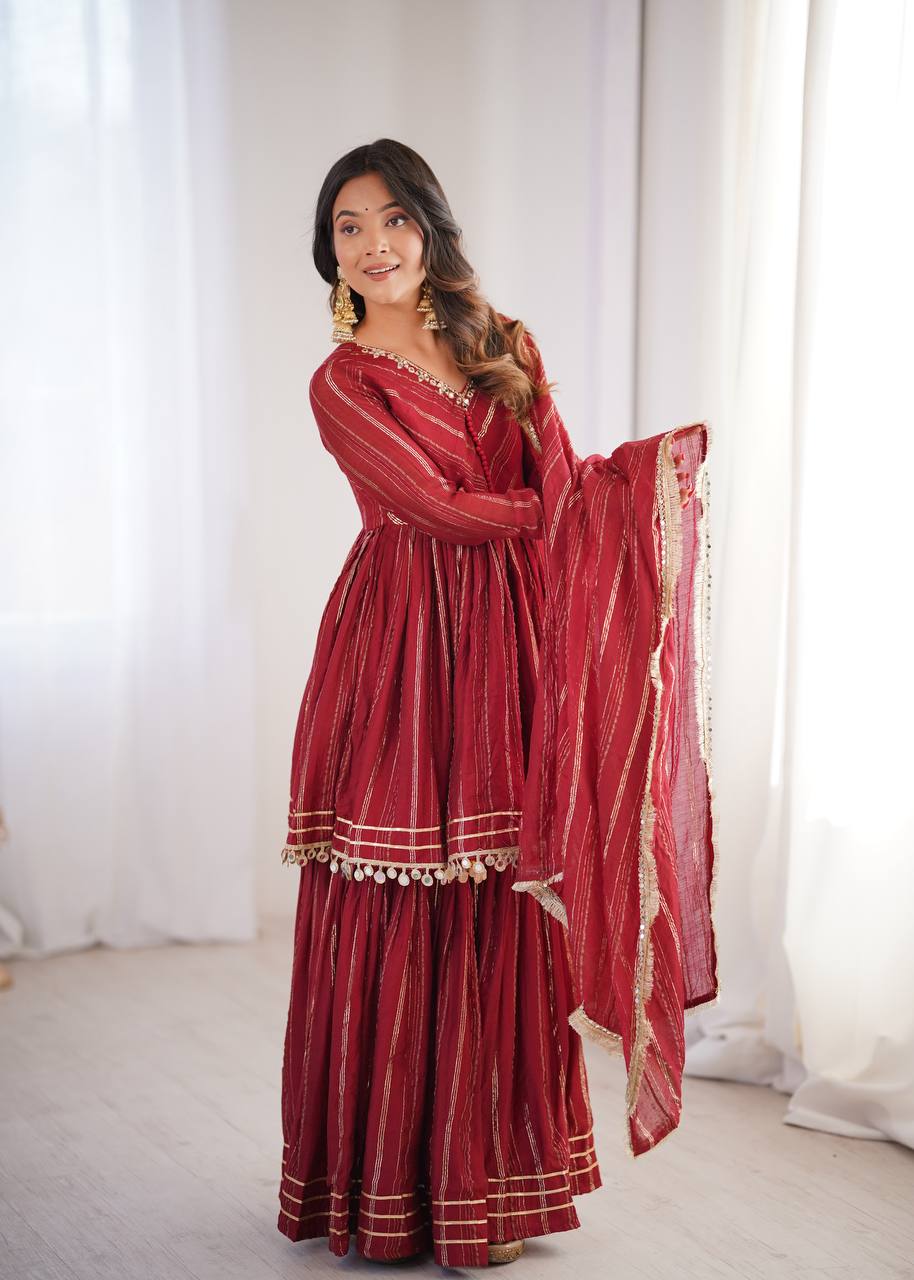 Aarohi Mal Chanderi Mirror Handwork Kurti with Sharara Palazzo & Dupatta Set
