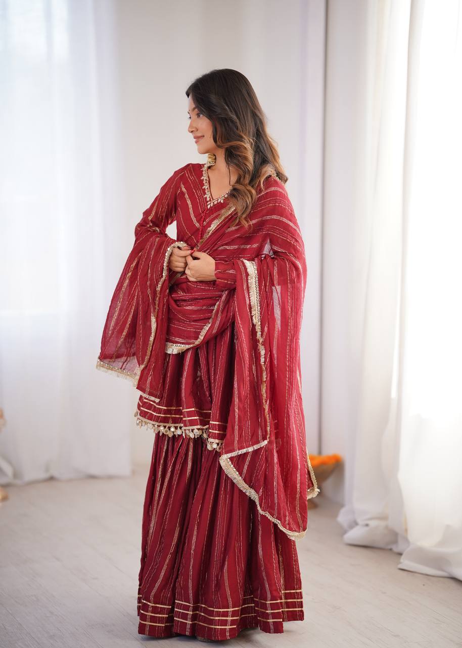 Aarohi Mal Chanderi Mirror Handwork Kurti with Sharara Palazzo & Dupatta Set