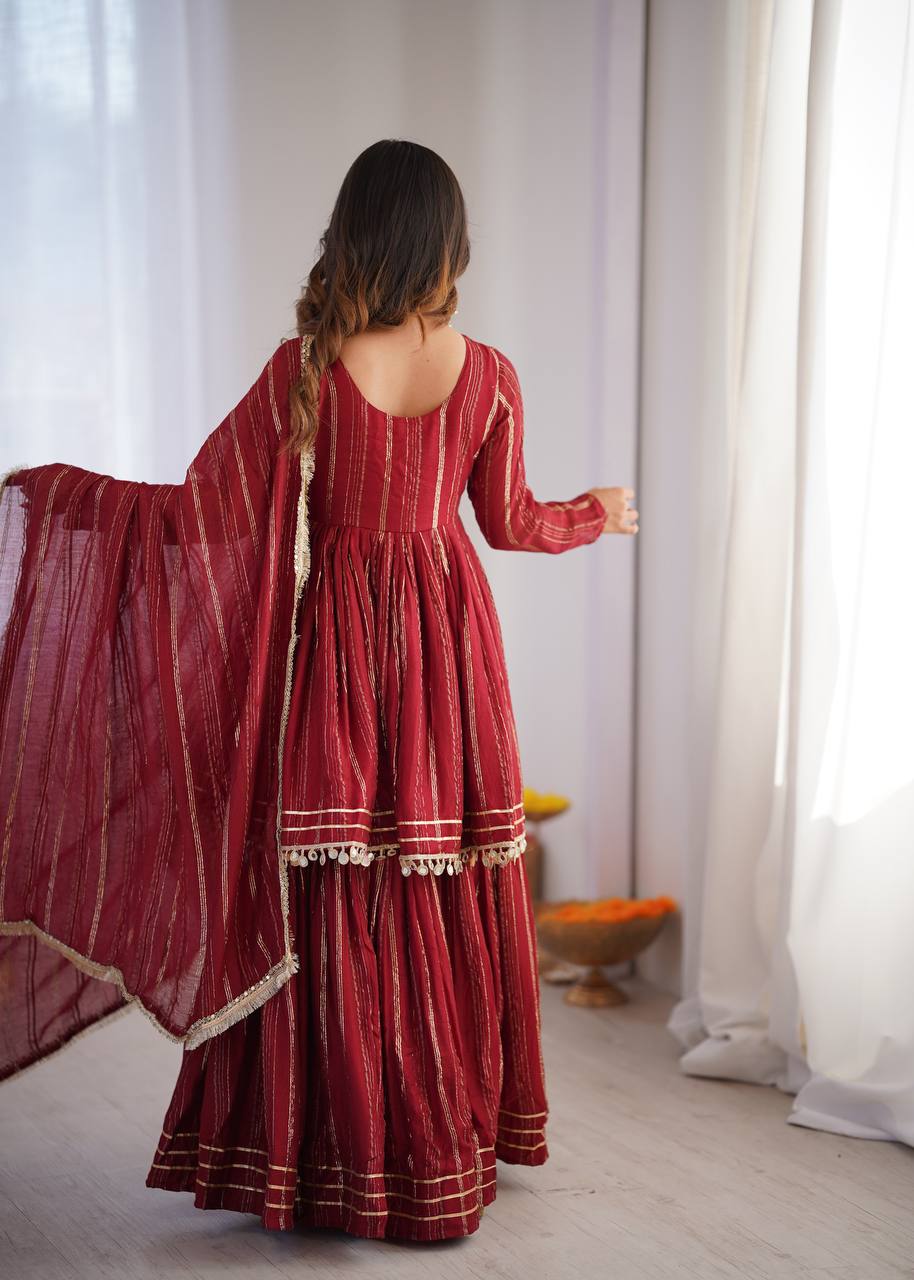 Aarohi Mal Chanderi Mirror Handwork Kurti with Sharara Palazzo & Dupatta Set