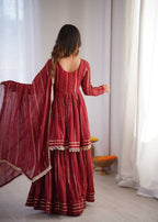Aarohi Mal Chanderi Mirror Handwork Kurti with Sharara Palazzo & Dupatta Set