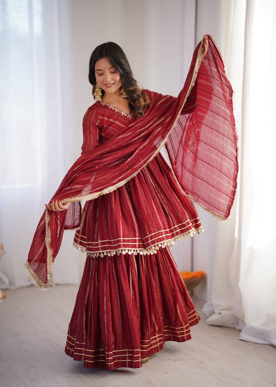 Aarohi Mal Chanderi Mirror Handwork Kurti with Sharara Palazzo & Dupatta Set