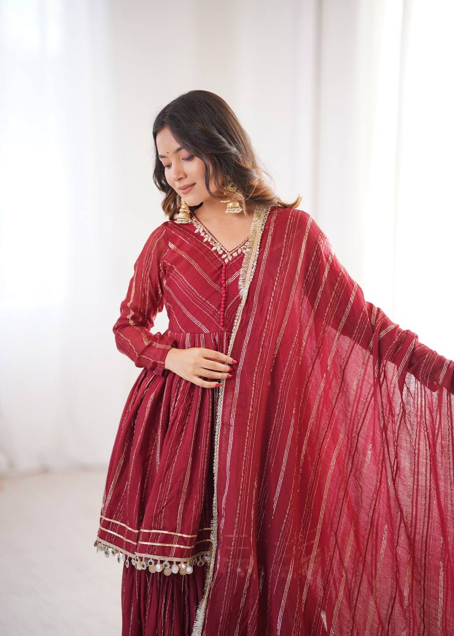 Aarohi Mal Chanderi Mirror Handwork Kurti with Sharara Palazzo & Dupatta Set