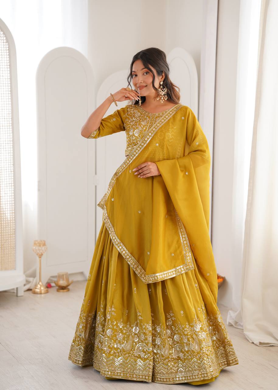Grand Celebration Simmer Silk Lehenga With Rich Embroidery & CanCan Flair