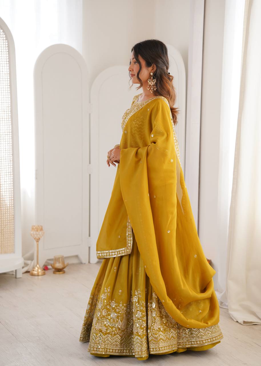 Grand Celebration Simmer Silk Lehenga With Rich Embroidery & CanCan Flair