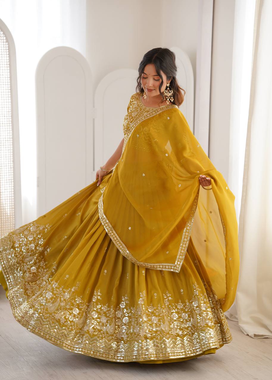 Grand Celebration Simmer Silk Lehenga With Rich Embroidery & CanCan Flair