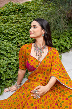 Navratri Bandhej Print Lehenga Choli with 8 Meter Flair, Mirror Lace & Embroidery