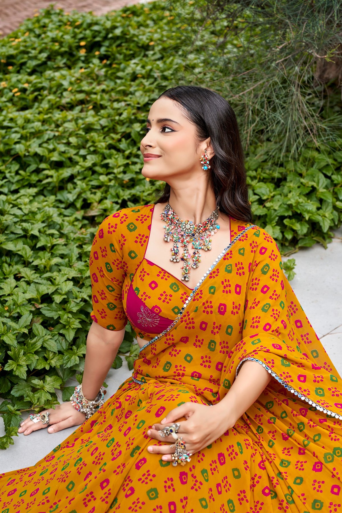 Navratri Bandhej Print Lehenga Choli with 8 Meter Flair, Mirror Lace & Embroidery
