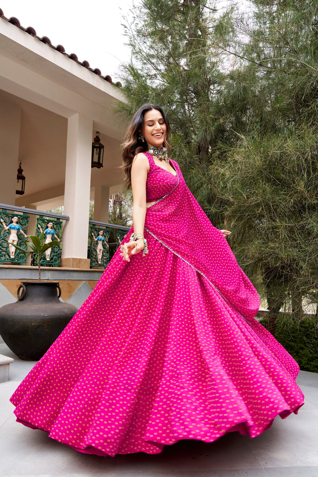 Navratri Bandhej Print Lehenga Choli with 8 Meter Flair, Mirror Lace & Embroidery