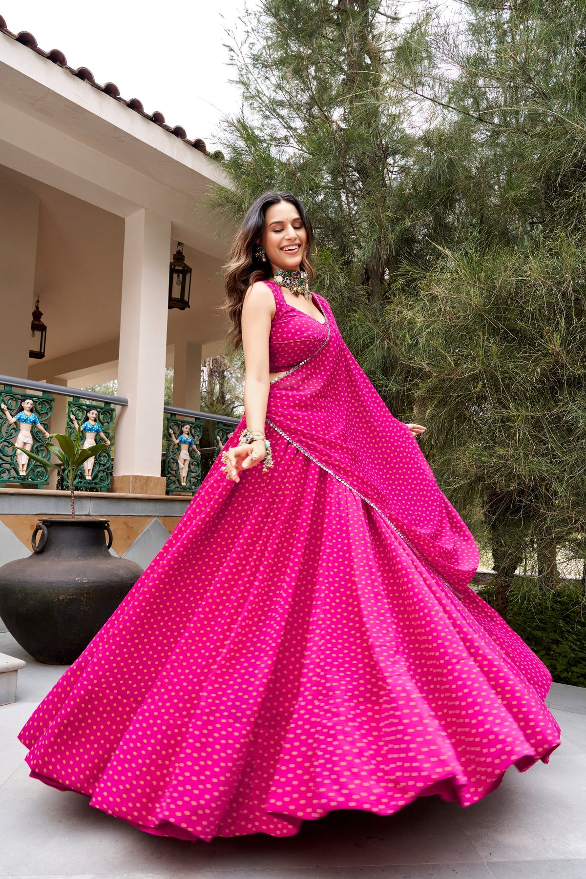 Navratri Bandhej Print Lehenga Choli with 8 Meter Flair, Mirror Lace & Embroidery