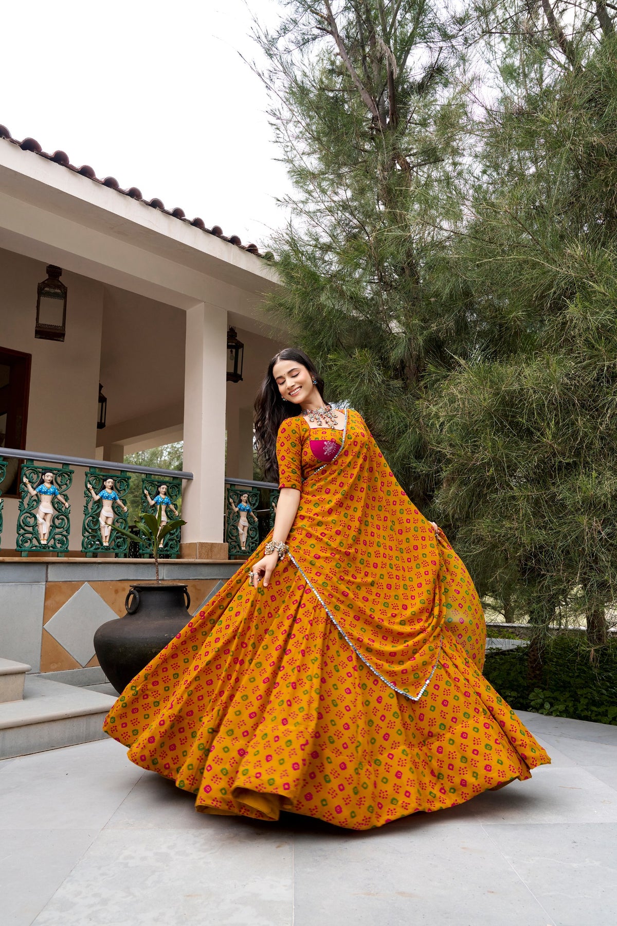 Navratri Bandhej Print Lehenga Choli with 8 Meter Flair, Mirror Lace & Embroidery