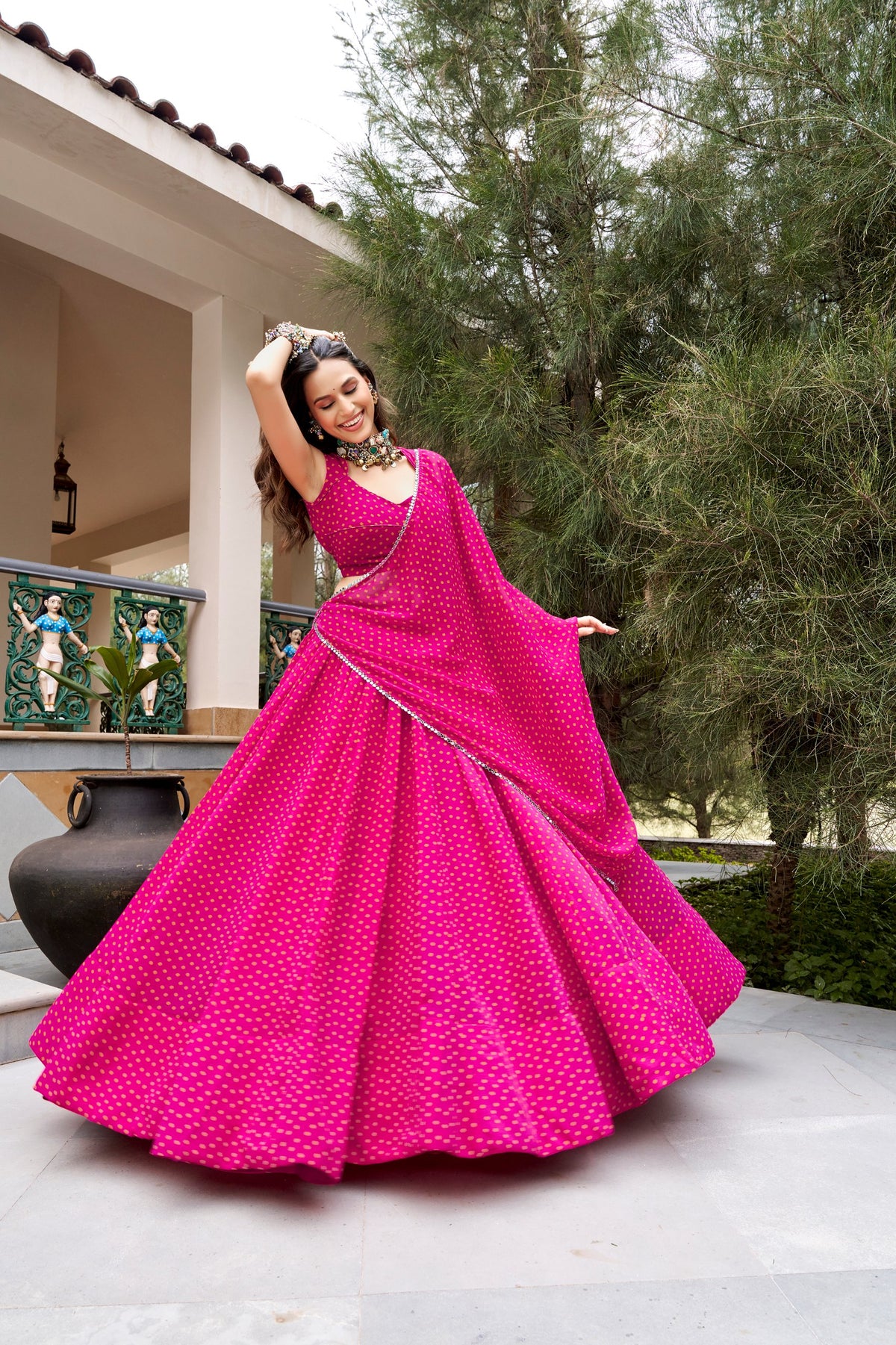 Navratri Bandhej Print Lehenga Choli with 8 Meter Flair, Mirror Lace & Embroidery