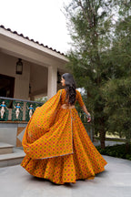 Navratri Bandhej Print Lehenga Choli with 8 Meter Flair, Mirror Lace & Embroidery