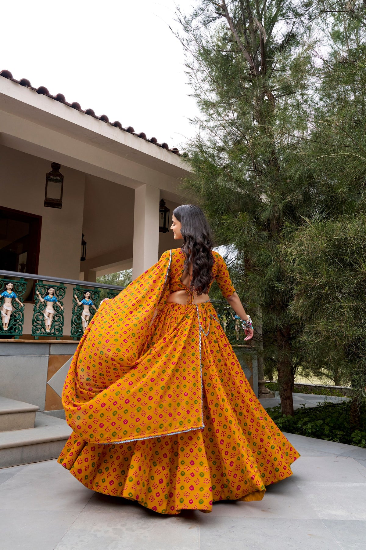 Navratri Bandhej Print Lehenga Choli with 8 Meter Flair, Mirror Lace & Embroidery