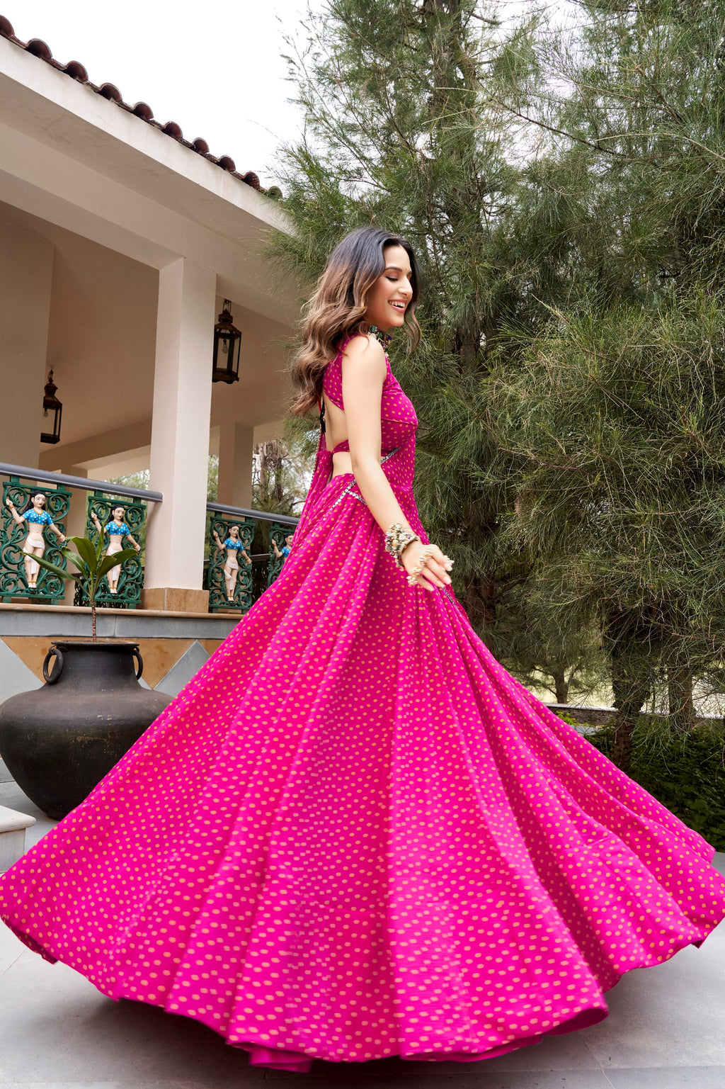 Navratri Bandhej Print Lehenga Choli with 8 Meter Flair, Mirror Lace & Embroidery