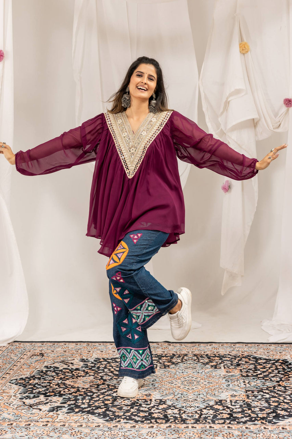 Designer Faux Georgette Mirror Work Kediya with Pure Cotton Denim High-Waist Embroidered Jeans