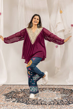 Designer Faux Georgette Mirror Work Kediya with Pure Cotton Denim High-Waist Embroidered Jeans