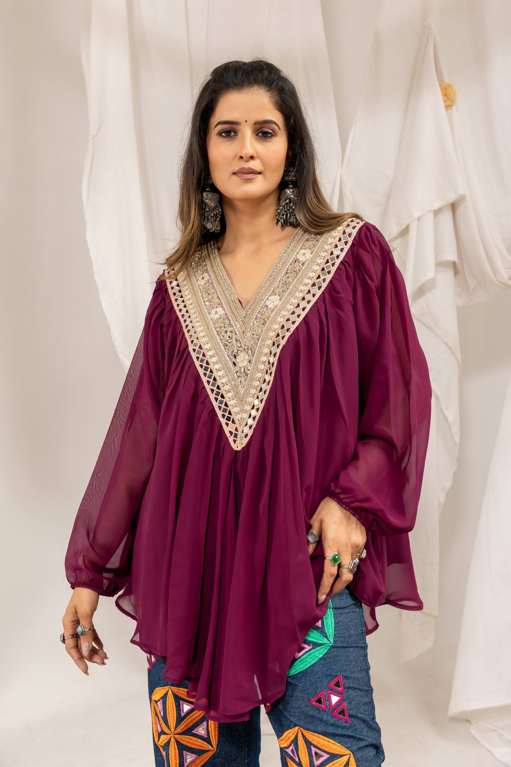 Designer Faux Georgette Mirror Work Kediya with Pure Cotton Denim High-Waist Embroidered Jeans